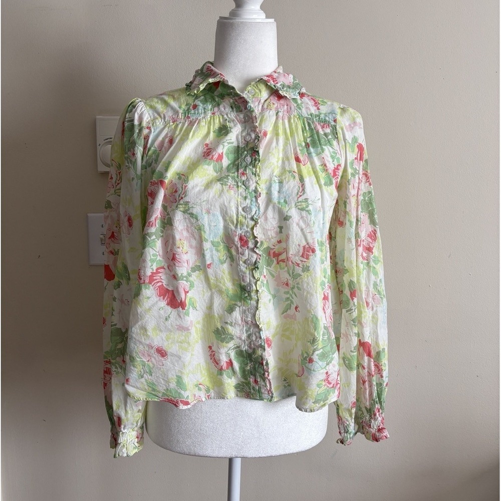 Free People Womens XS Peter Pan Collar Top Cottagecore Romantic Cute Boho Floral